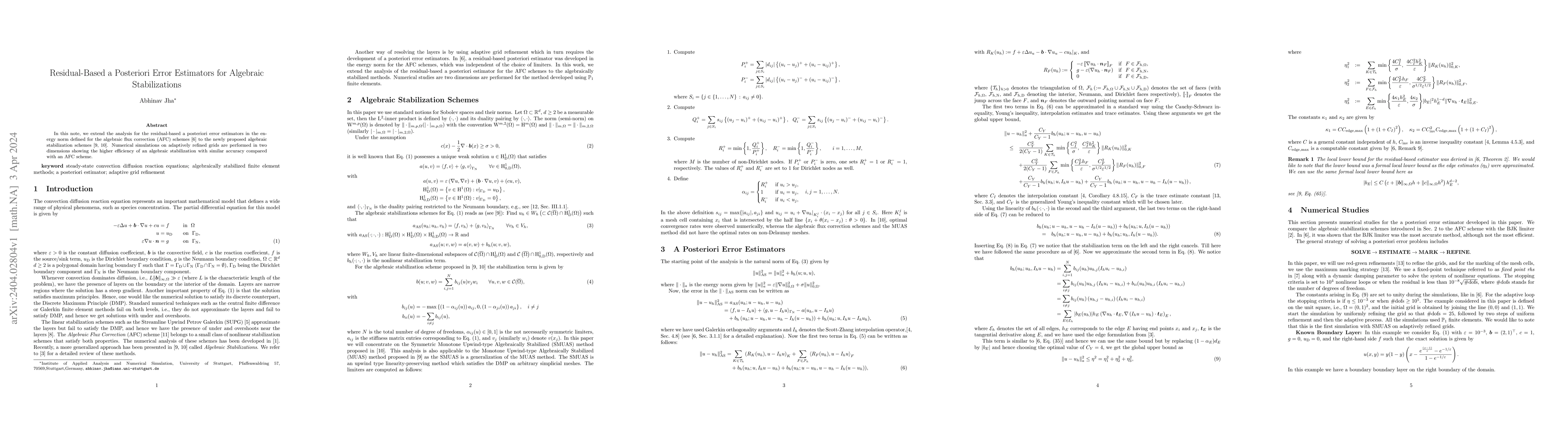 Thumbnail for Residual-Based a Posteriori Error Estimators for Algebraic
  Stabilizations
