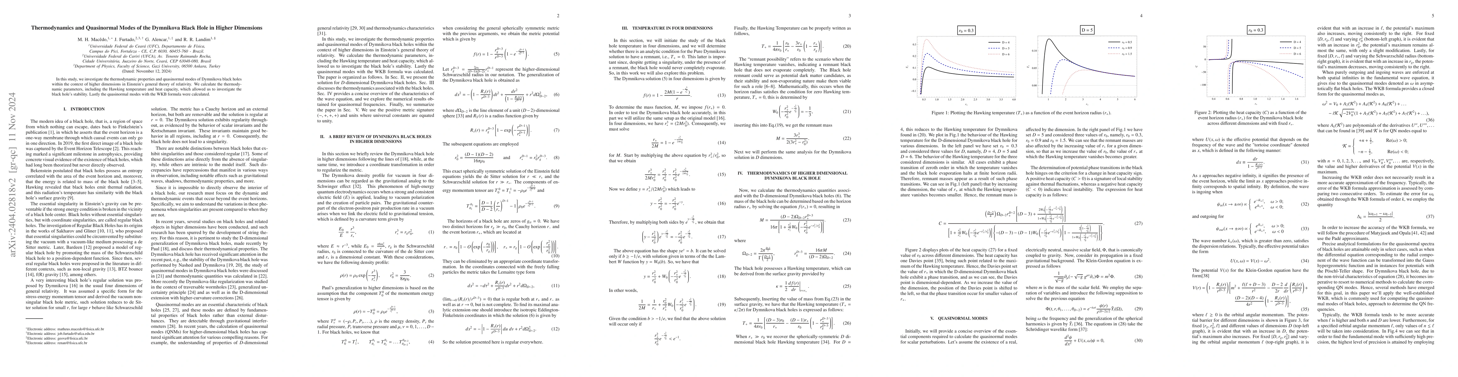 Thumbnail for Thermodynamics and Quasinormal Modes of the Dymnikova Black Hole in
  Higher Dimensions