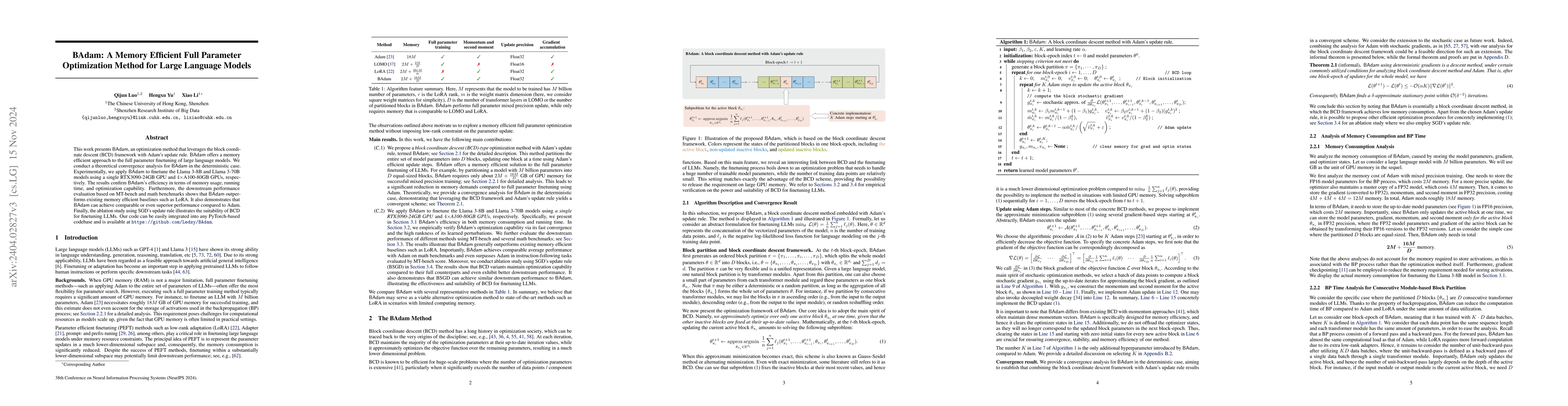 Thumbnail for BAdam: A Memory Efficient Full Parameter Optimization Method for Large
  Language Models