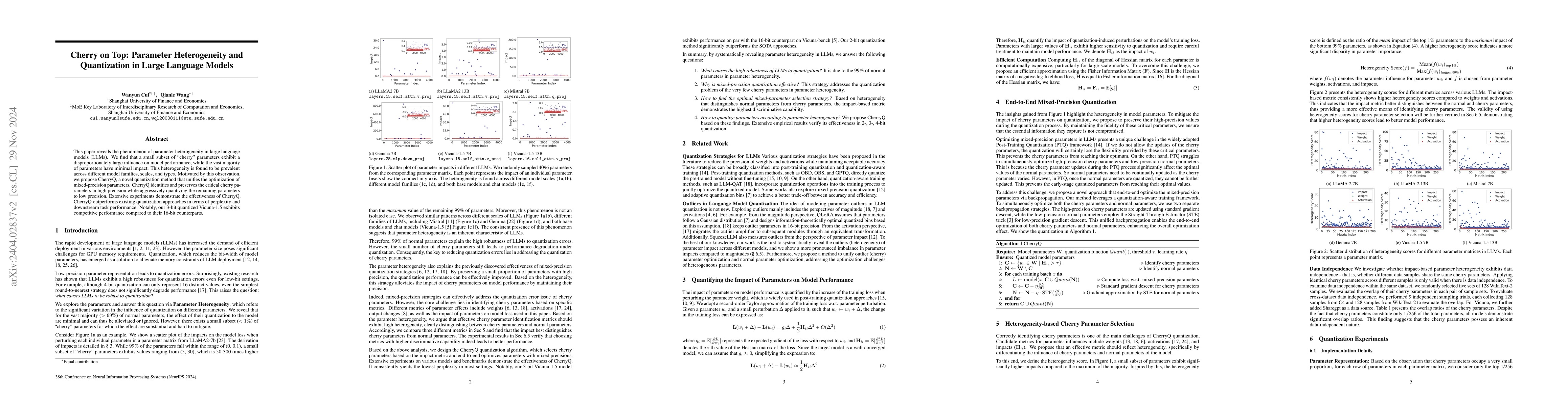 Thumbnail for Cherry on Top: Parameter Heterogeneity and Quantization in Large
  Language Models