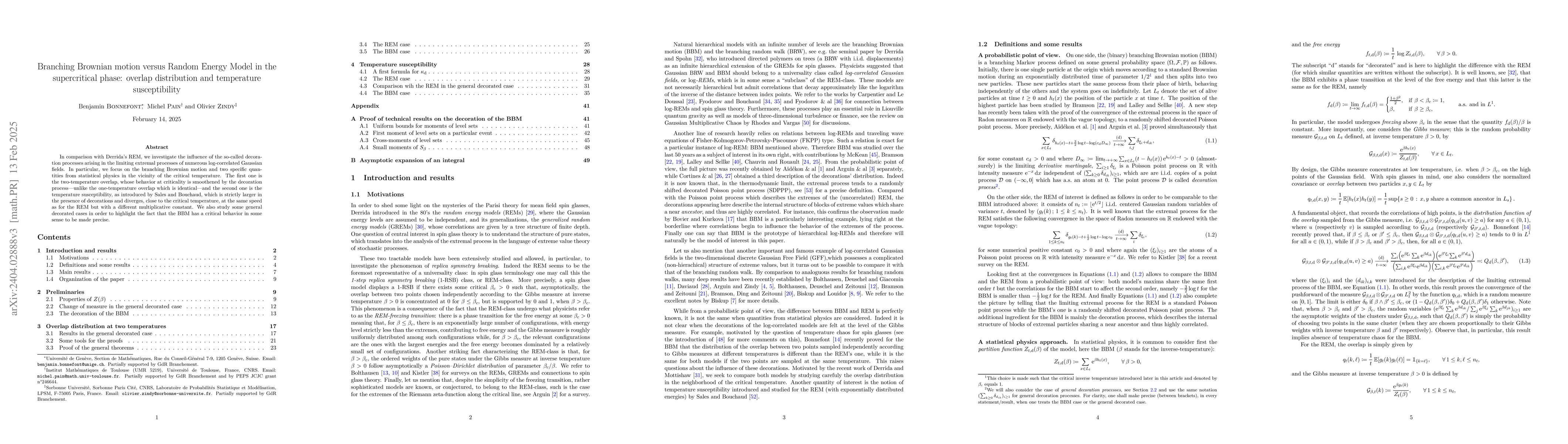 Thumbnail for Branching Brownian motion versus Random Energy Model in the
  supercritical phase: overlap distribution and temperature susceptibility