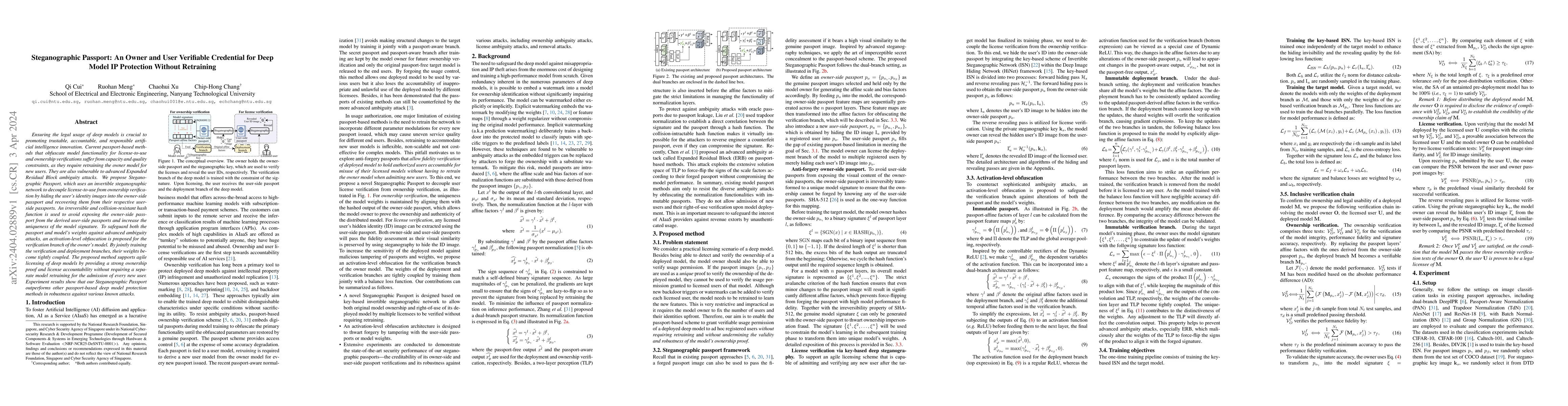 Thumbnail for Steganographic Passport: An Owner and User Verifiable Credential for
  Deep Model IP Protection Without Retraining