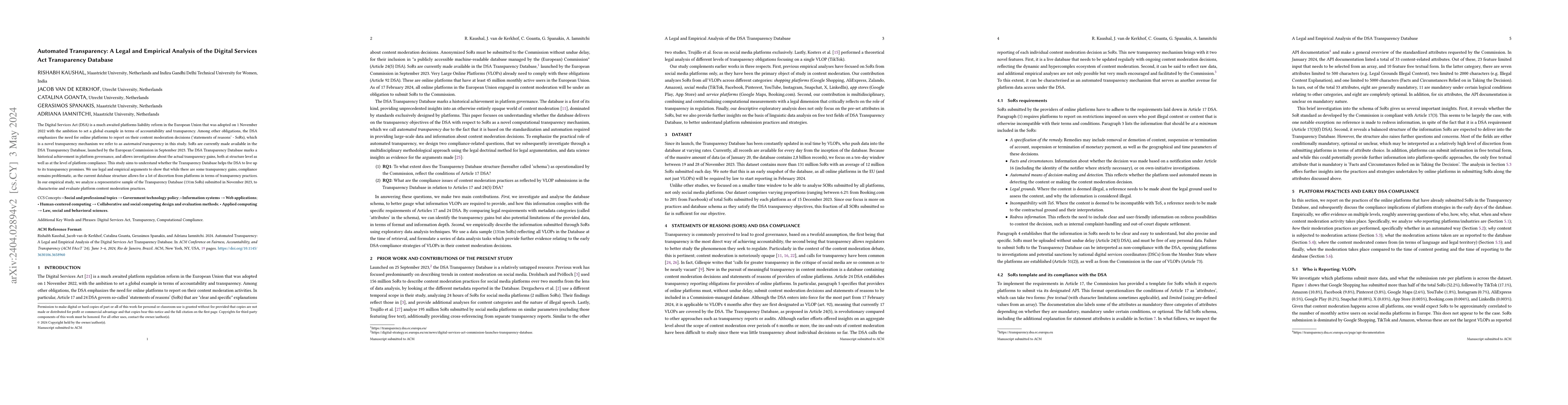 Thumbnail for Automated Transparency: A Legal and Empirical Analysis of the Digital
  Services Act Transparency Database