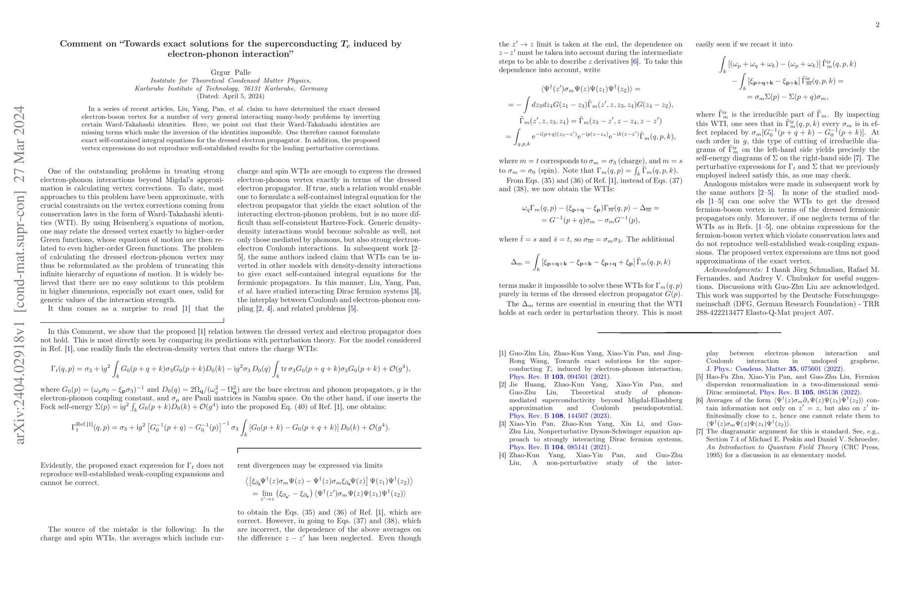 Thumbnail for Comment on "Towards exact solutions for the superconducting $T_c$
  induced by electron-phonon interaction"