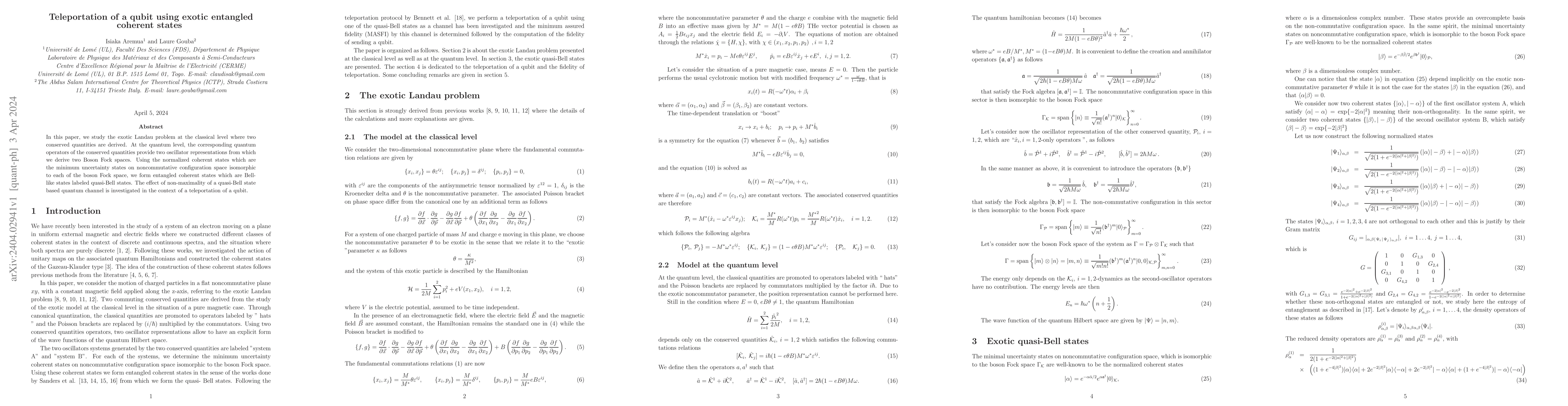 Thumbnail for Teleportation of a qubit using exotic entangled coherent states