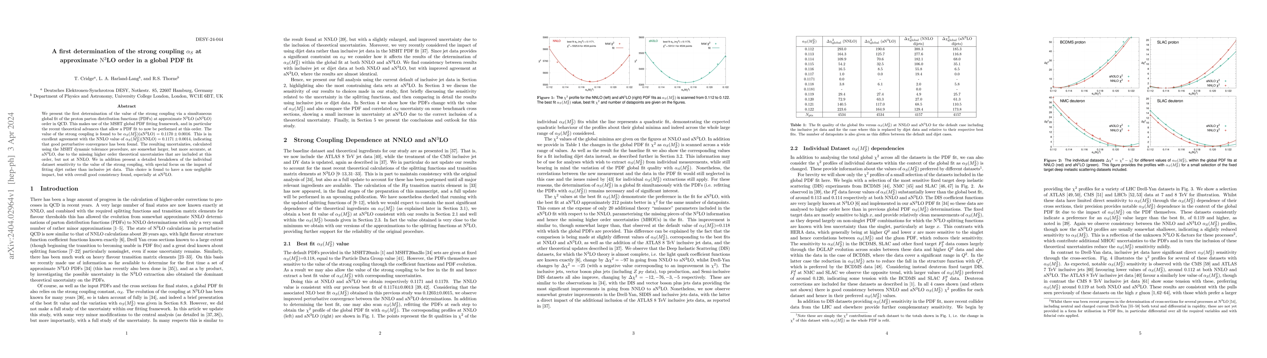 Thumbnail for A first determination of the strong coupling $\alpha_S$ at approximate
  N$^{3}$LO order in a global PDF fit