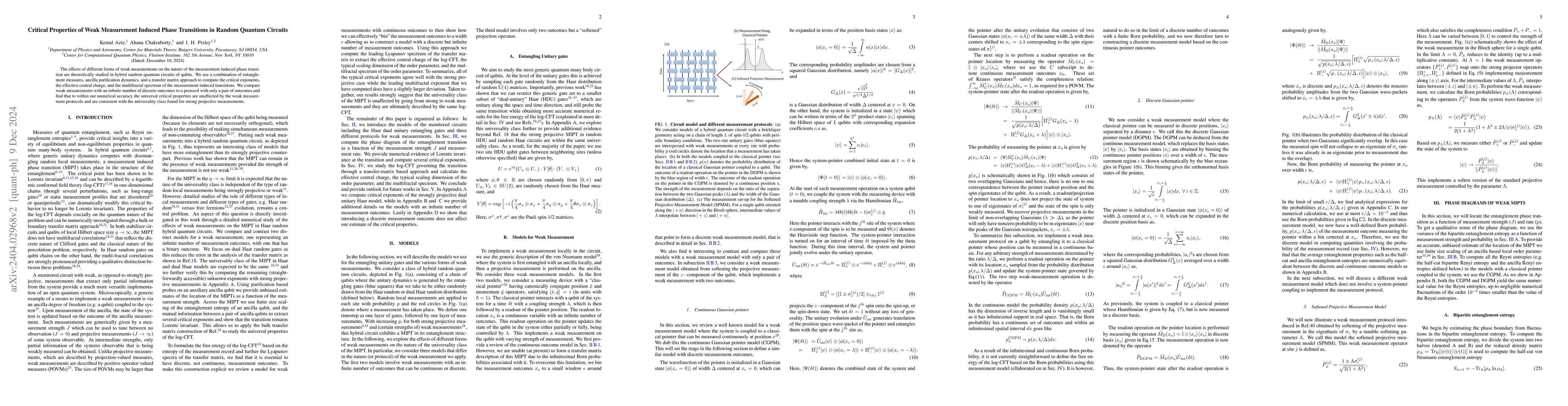 Thumbnail for Critical Properties of Weak Measurement Induced Phase Transitions in
  Random Quantum Circuits
