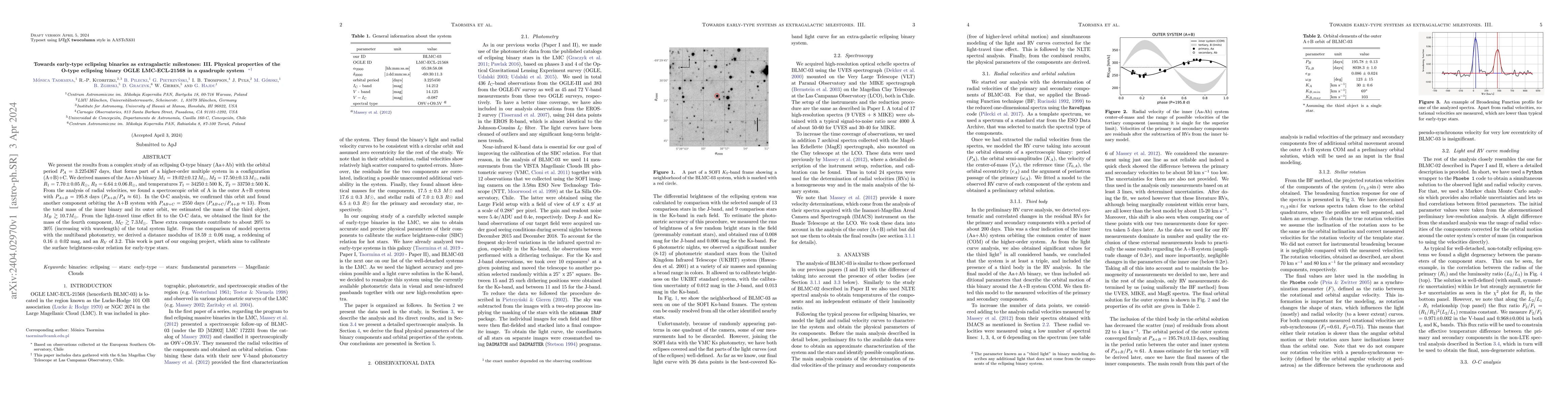 Thumbnail for Towards early-type eclipsing binaries as extragalactic milestones: III.
  Physical properties of the O-type eclipsing binary OGLE LMC-ECL-21568 in a
  quadruple system