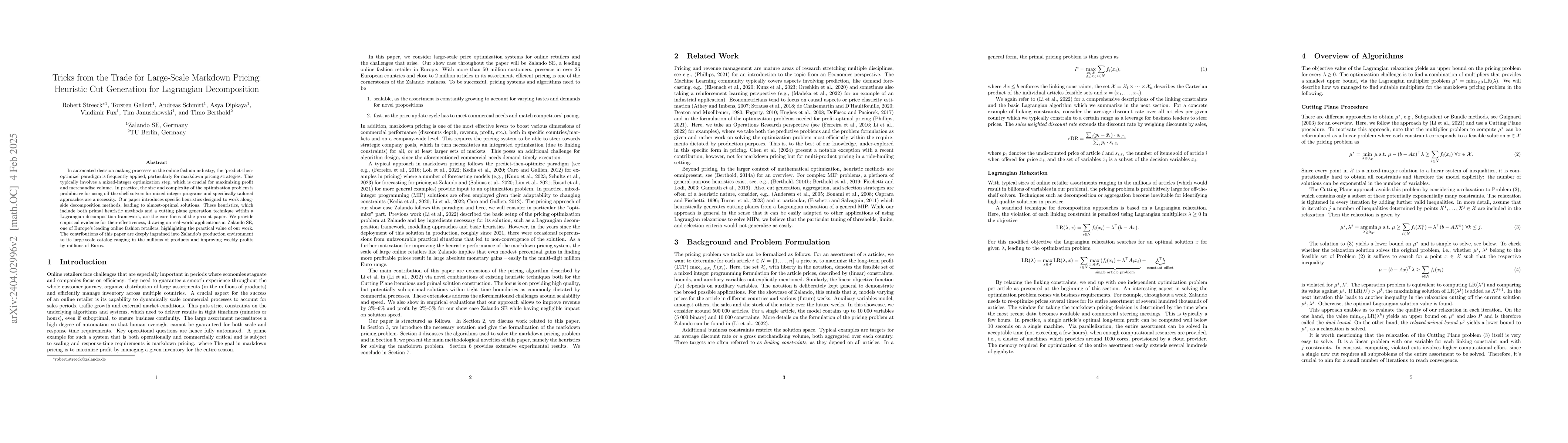 Thumbnail for Tricks from the Trade for Large-Scale Markdown Pricing: Heuristic Cut
  Generation for Lagrangian Decomposition