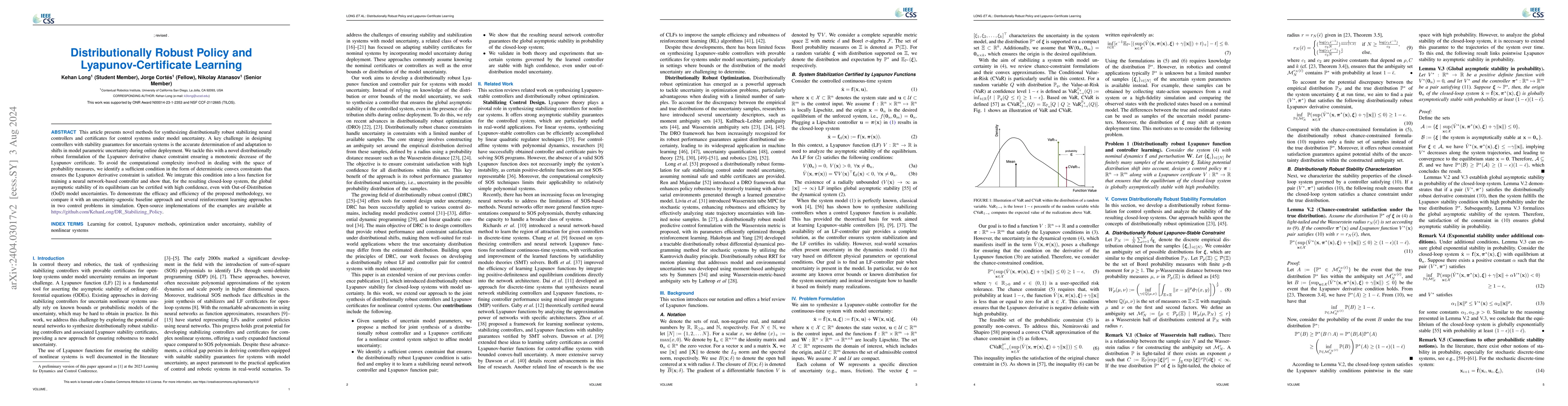 Thumbnail for Distributionally Robust Policy and Lyapunov-Certificate Learning