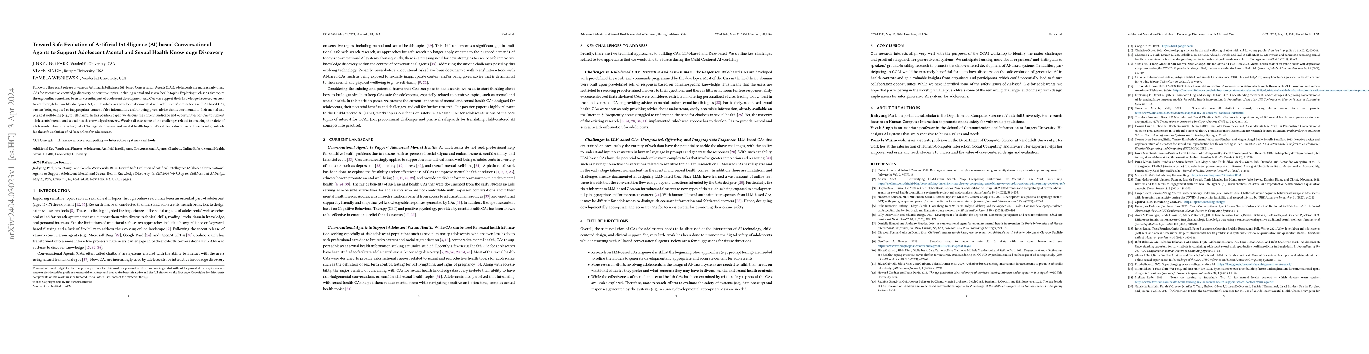 Thumbnail for Toward Safe Evolution of Artificial Intelligence (AI) based
  Conversational Agents to Support Adolescent Mental and Sexual Health
  Knowledge Discovery