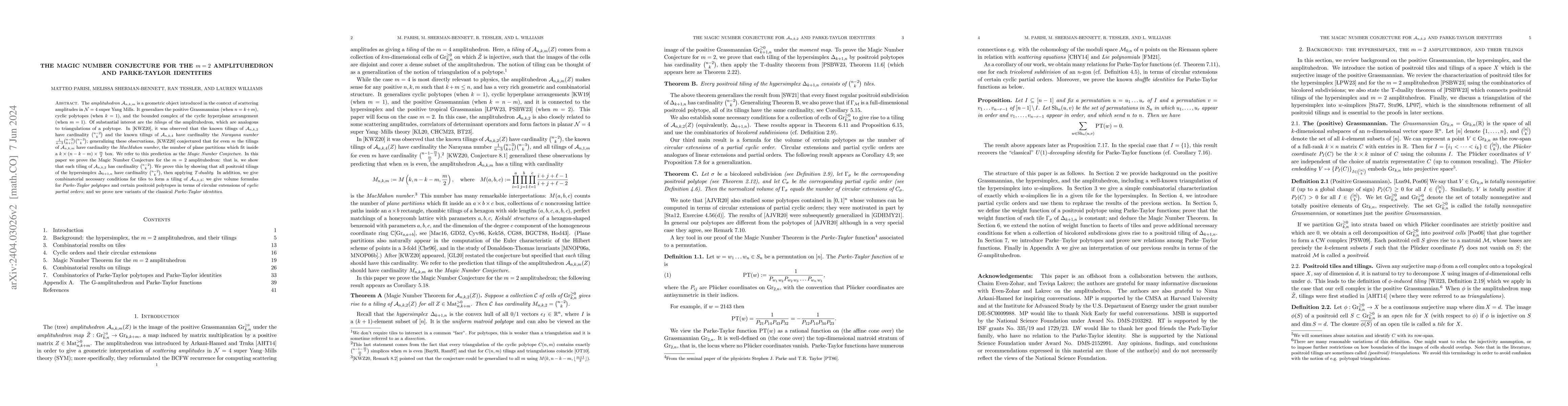 Thumbnail for The Magic Number Conjecture for the $m=2$ amplituhedron and Parke-Taylor
  identities