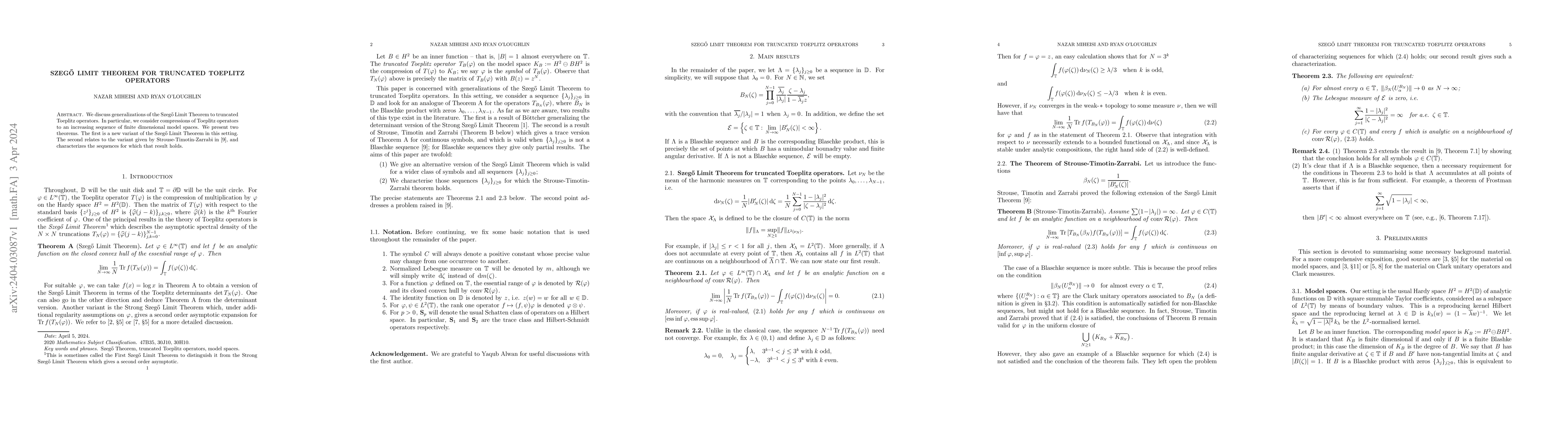 Thumbnail for Szeg\H{o} Limit Theorem for Truncated Toeplitz Operators