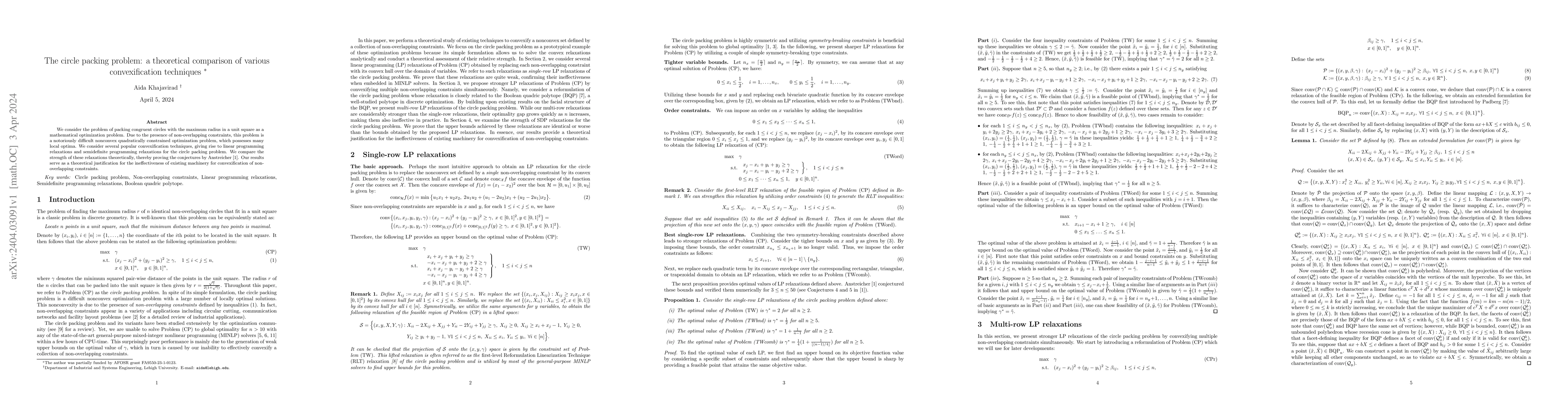 Thumbnail for The circle packing problem: a theoretical comparison of various
  convexification techniques