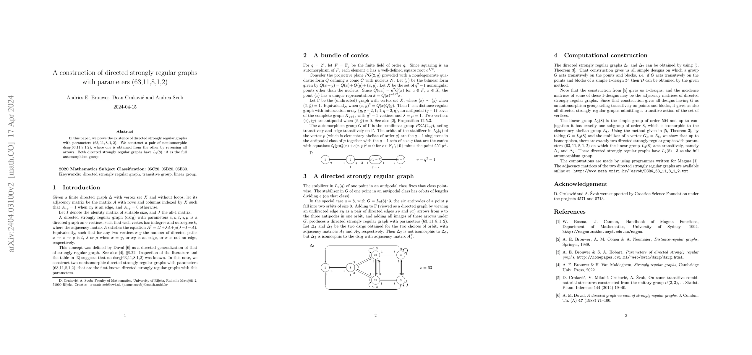Thumbnail for A construction of directed strongly regular graphs with parameters
  (63,11,8,1,2)