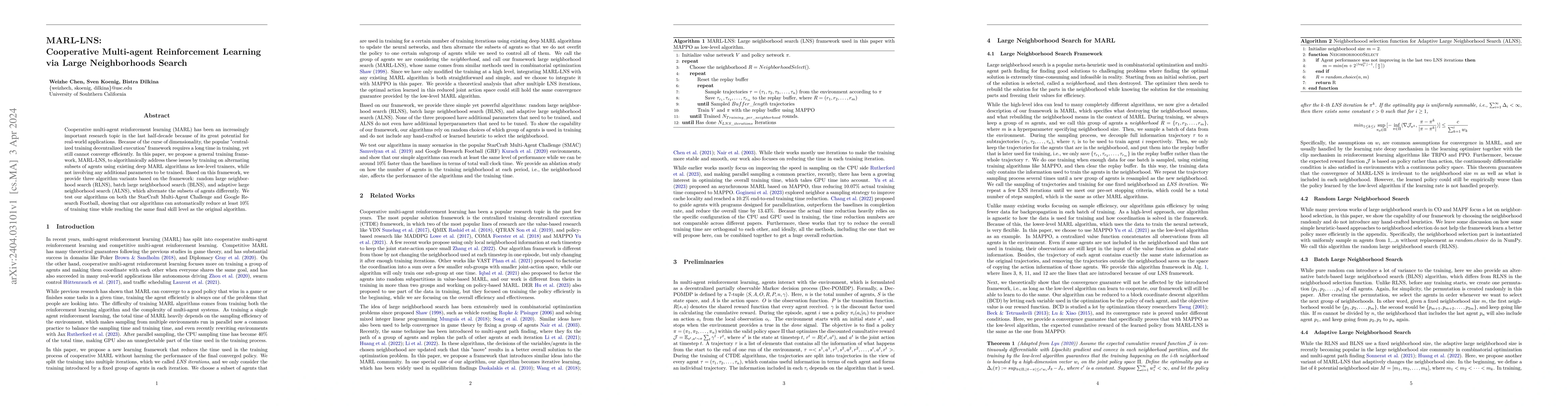Thumbnail for MARL-LNS: Cooperative Multi-agent Reinforcement Learning via Large
  Neighborhoods Search