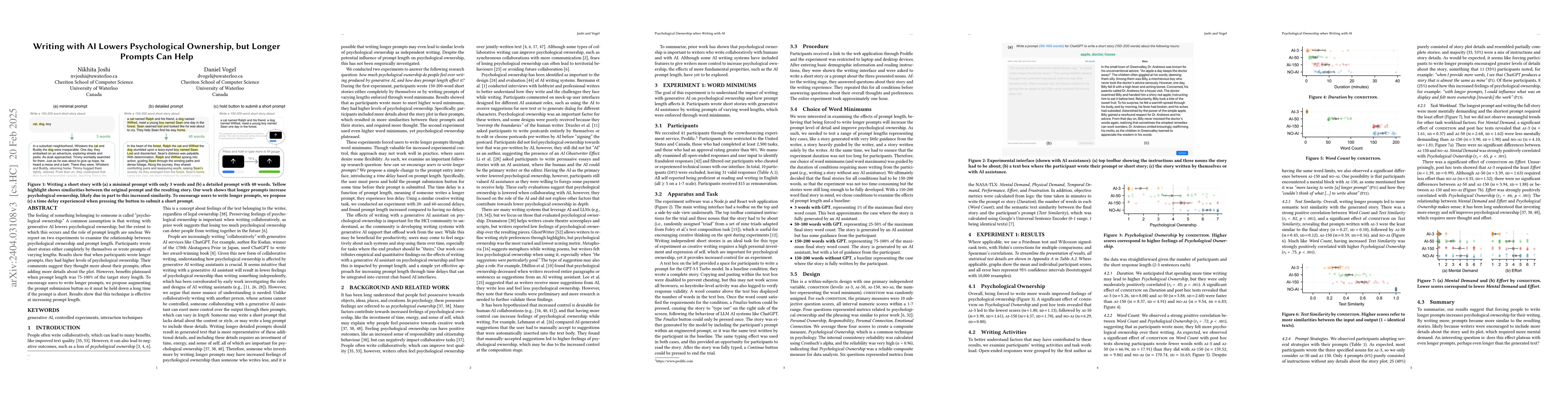 Thumbnail for Writing with AI Lowers Psychological Ownership, but Longer Prompts Can
  Help