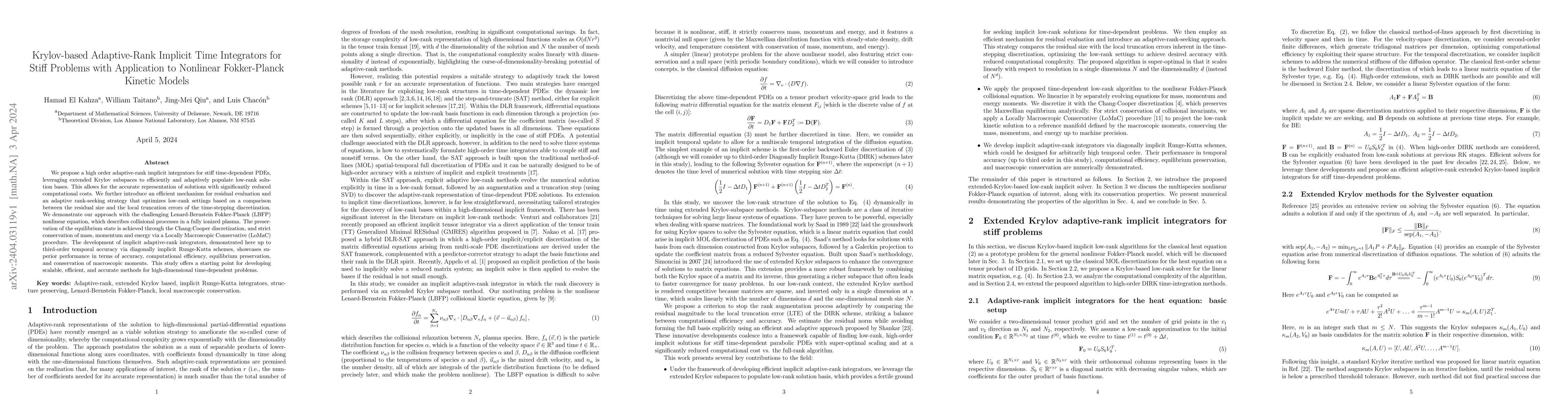 Thumbnail for Krylov-based Adaptive-Rank Implicit Time Integrators for Stiff Problems
  with Application to Nonlinear Fokker-Planck Kinetic Models