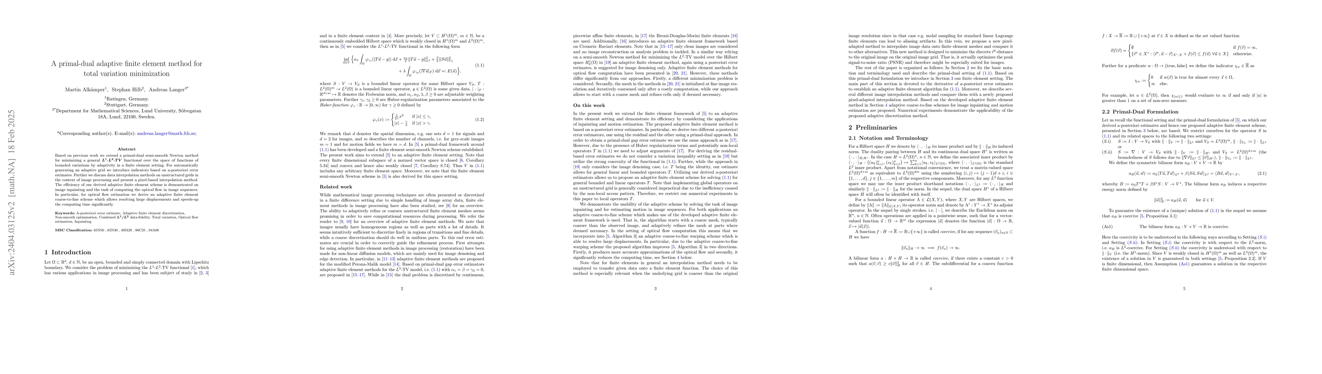 Thumbnail for A primal-dual adaptive finite element method for total variation based
  motion estimation