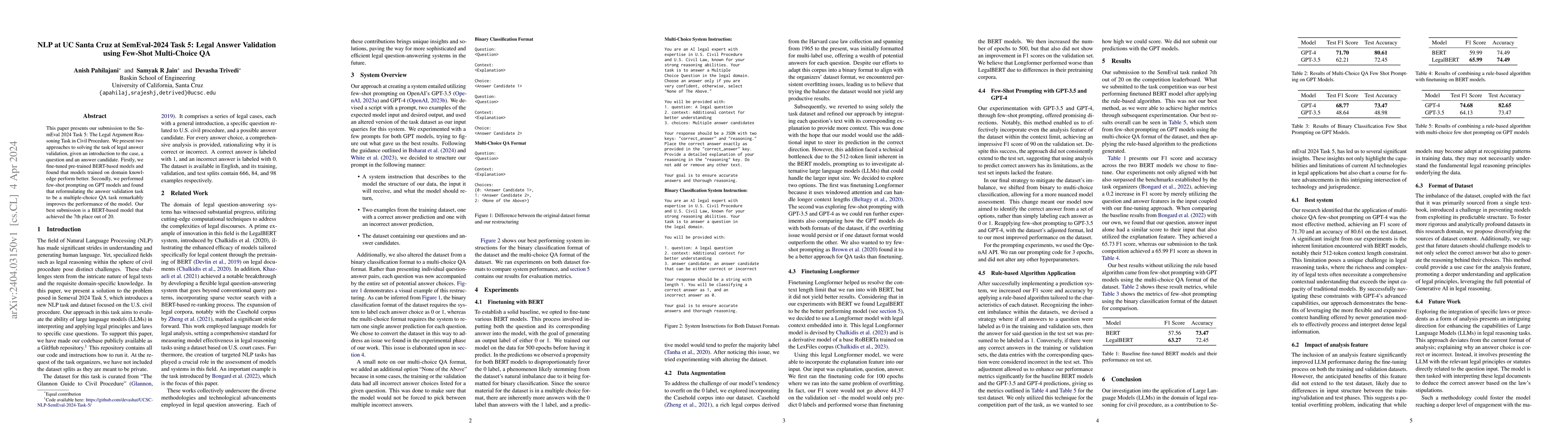 Thumbnail for NLP at UC Santa Cruz at SemEval-2024 Task 5: Legal Answer Validation
  using Few-Shot Multi-Choice QA