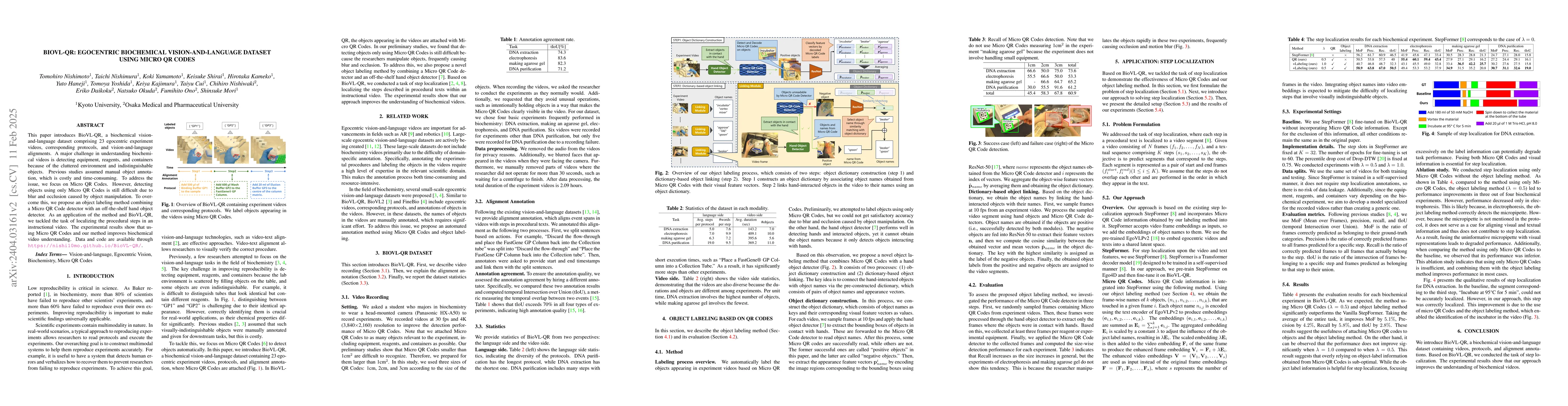 Thumbnail for BioVL-QR: Egocentric Biochemical Video-and-Language Dataset Using Micro
  QR Codes
