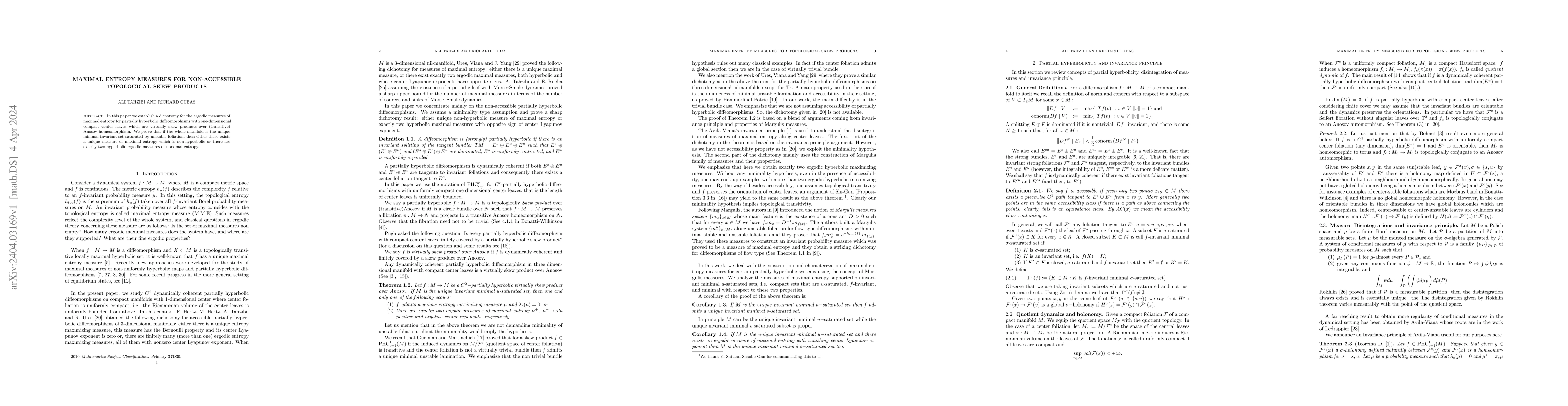 Thumbnail for Maximal Entropy Measures for Non-Accessible Topological Skew Products