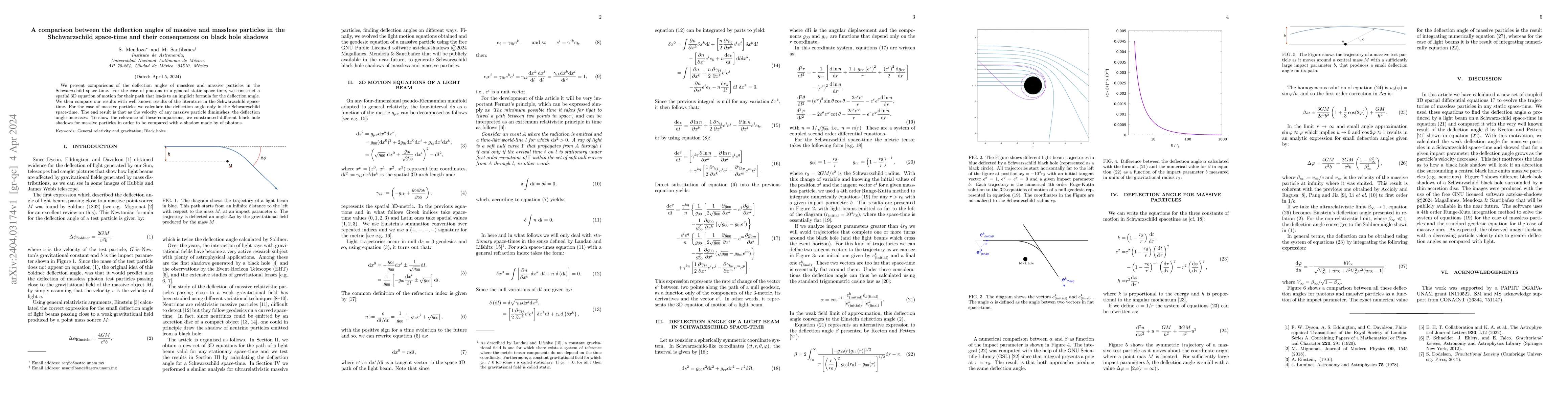 Thumbnail for A comparison between the deflection angles of massive and massless
  particles in the Shchwarzschild space-time and their consequences on black
  hole shadows