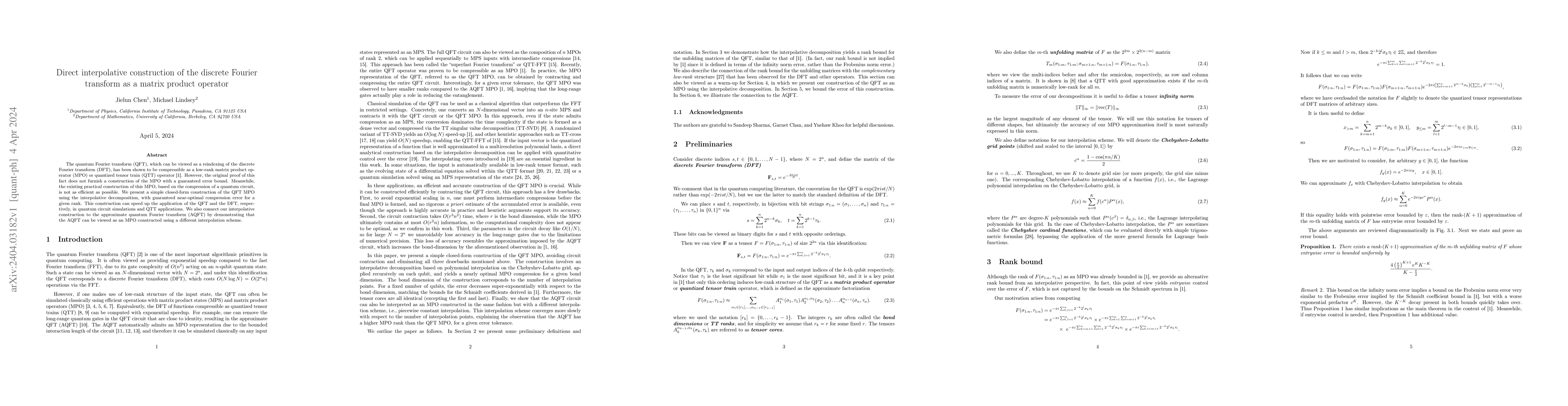 Thumbnail for Direct interpolative construction of the discrete Fourier transform as a
  matrix product operator