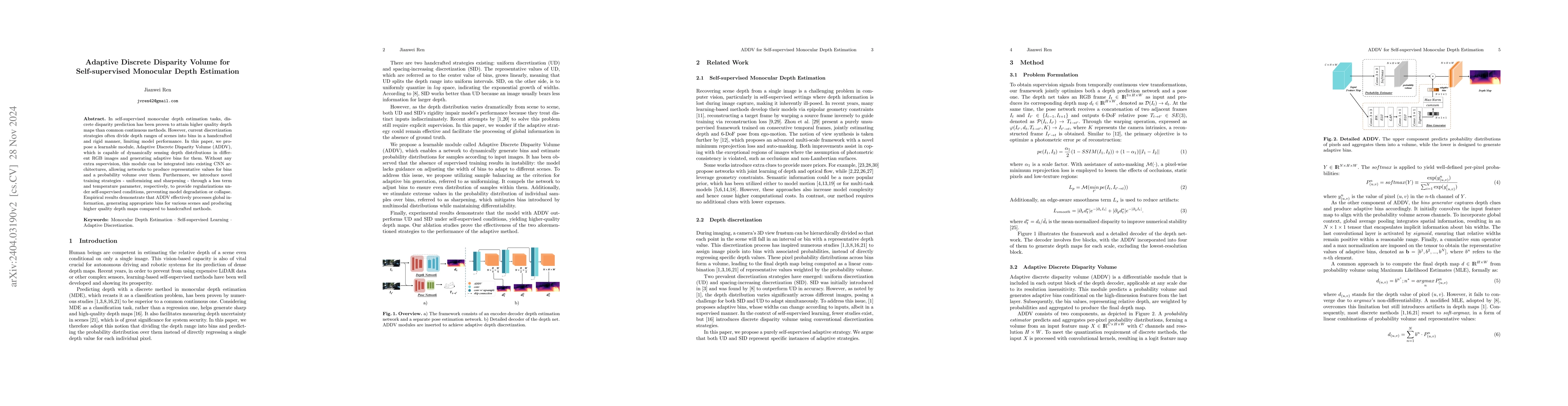 Thumbnail for Adaptive Discrete Disparity Volume for Self-supervised Monocular Depth
  Estimation