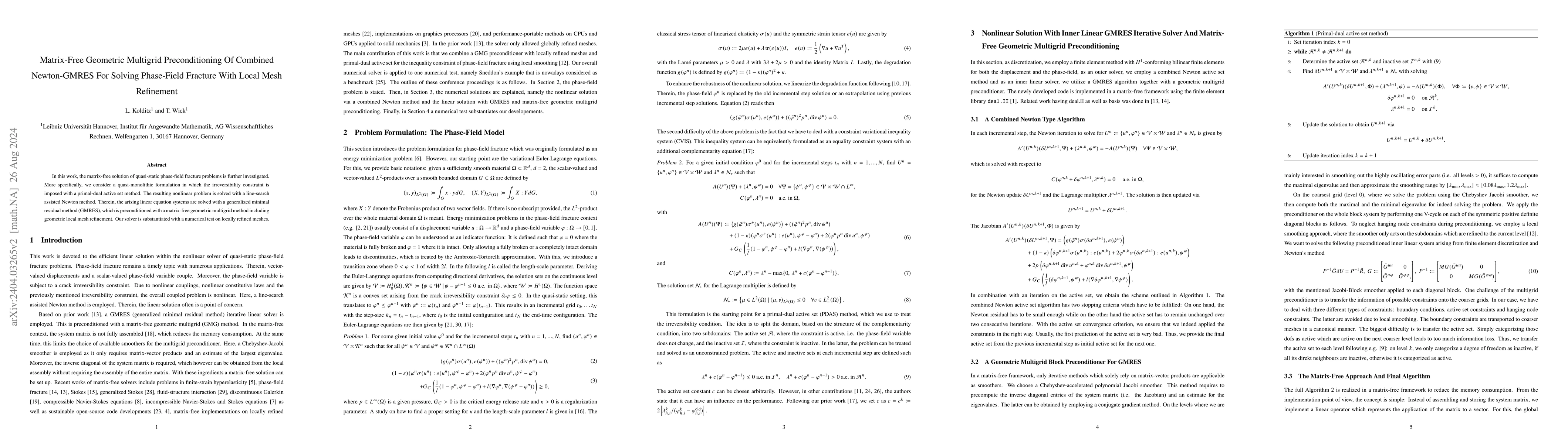 Thumbnail for Matrix-Free Geometric Multigrid Preconditioning Of Combined Newton-GMRES
  For Solving Phase-Field Fracture With Local Mesh Refinement