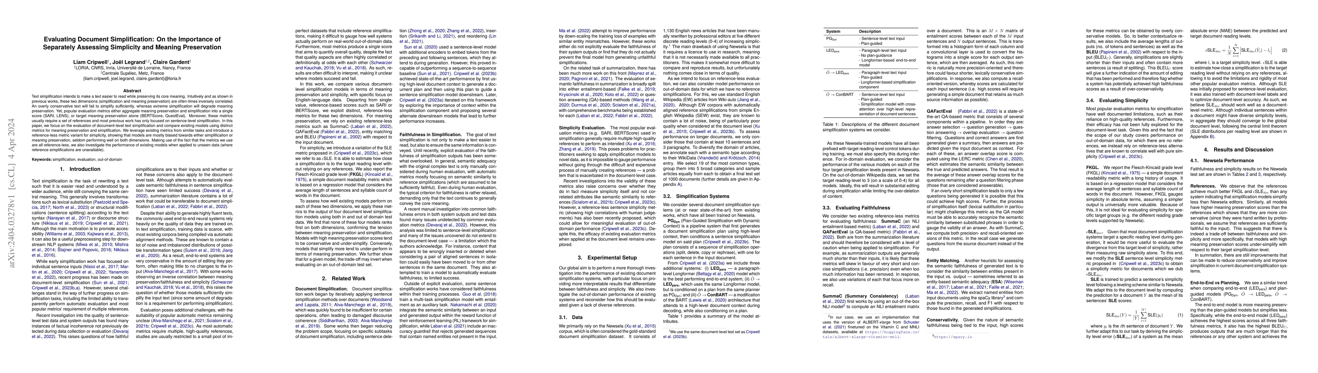 Thumbnail for Evaluating Document Simplification: On the Importance of Separately
  Assessing Simplicity and Meaning Preservation
