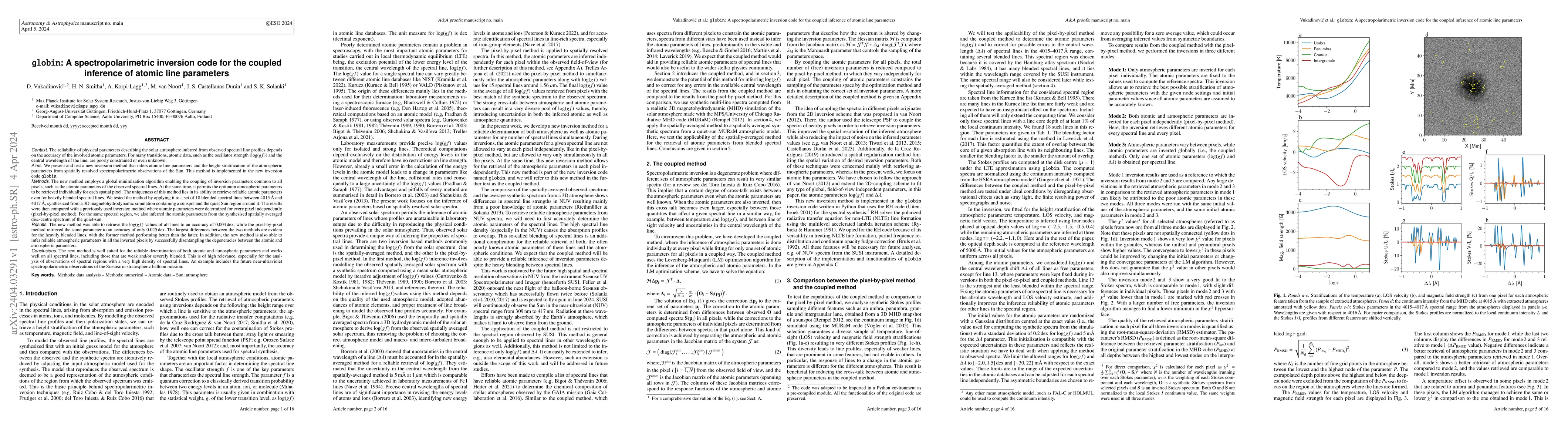 Thumbnail for $\texttt{globin}$: A spectropolarimetric inversion code for the coupled
  inference of atomic line parameters