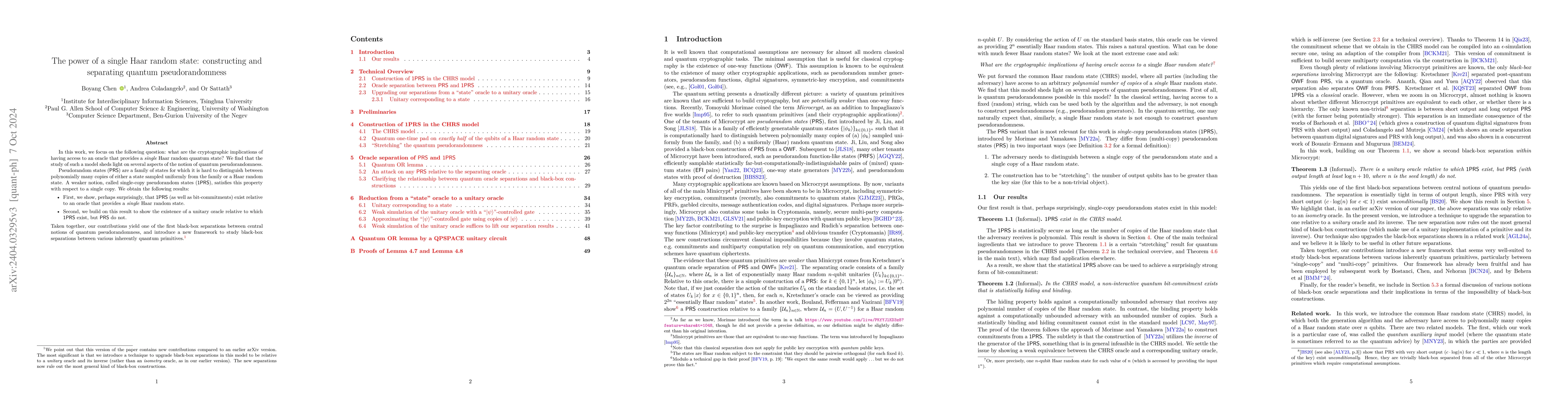Thumbnail for The power of a single Haar random state: constructing and separating
  quantum pseudorandomness
