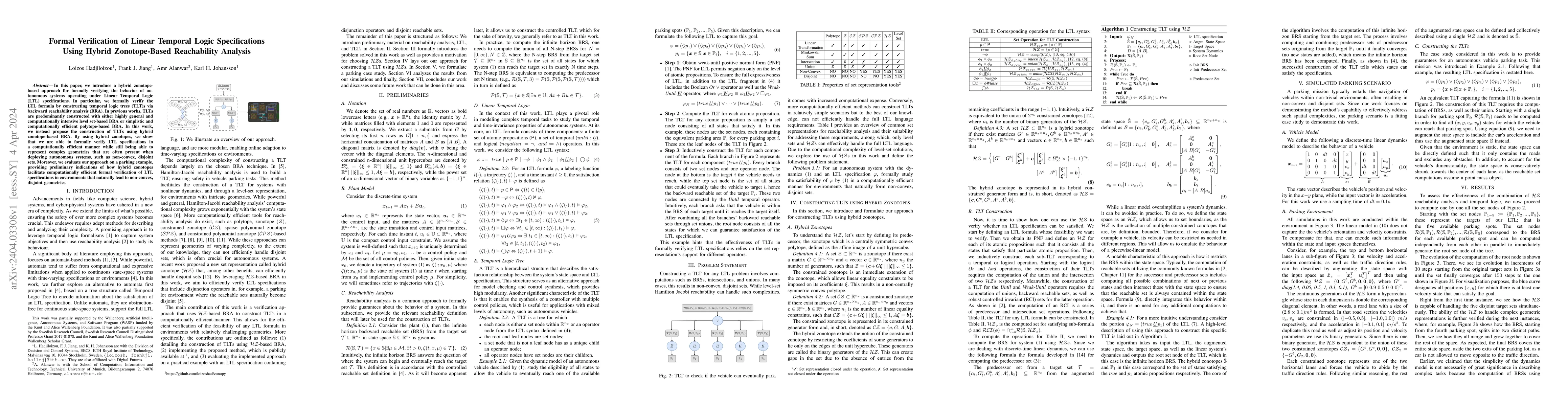 Thumbnail for Formal Verification of Linear Temporal Logic Specifications Using Hybrid
  Zonotope-Based Reachability Analysis