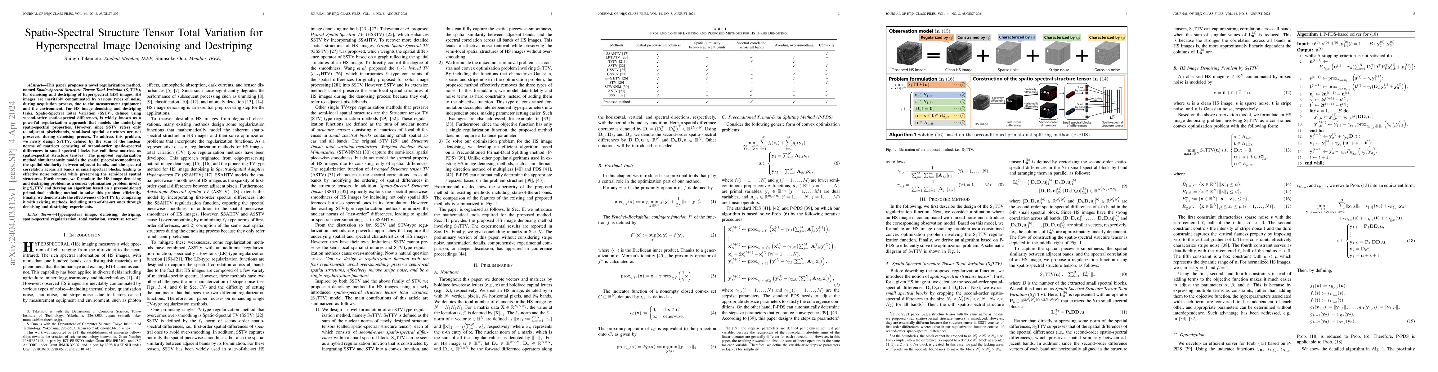 Thumbnail for Spatio-Spectral Structure Tensor Total Variation for Hyperspectral Image
  Denoising and Destriping