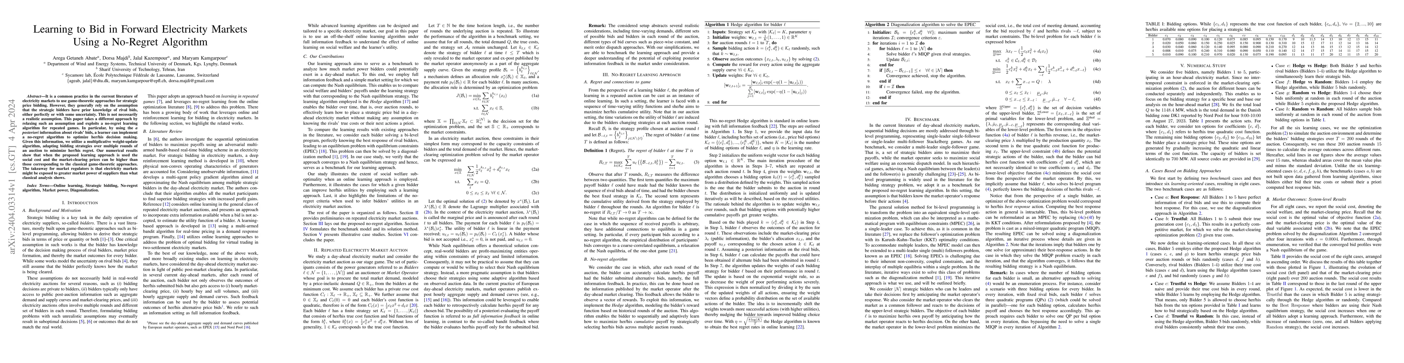 Thumbnail for Learning to Bid in Forward Electricity Markets Using a No-Regret
  Algorithm