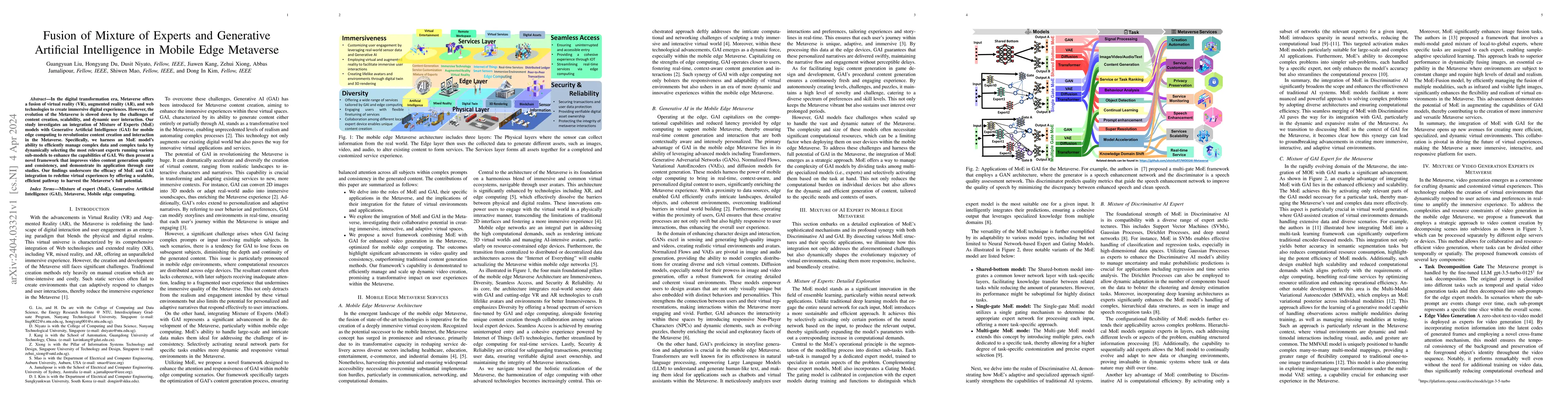 Thumbnail for Fusion of Mixture of Experts and Generative Artificial Intelligence in
  Mobile Edge Metaverse