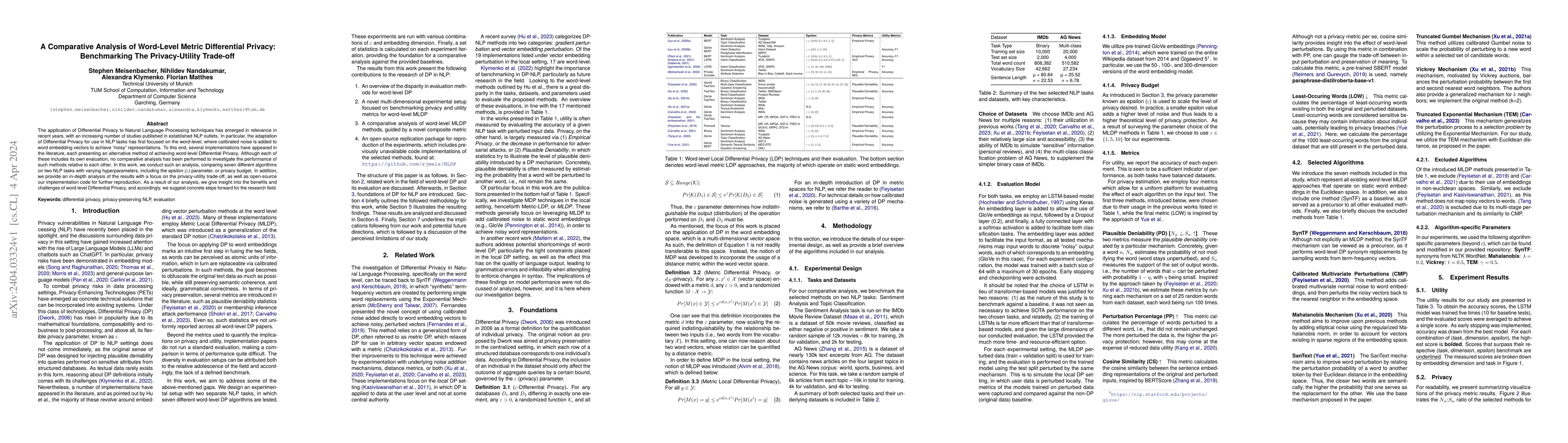 Thumbnail for A Comparative Analysis of Word-Level Metric Differential Privacy:
  Benchmarking The Privacy-Utility Trade-off