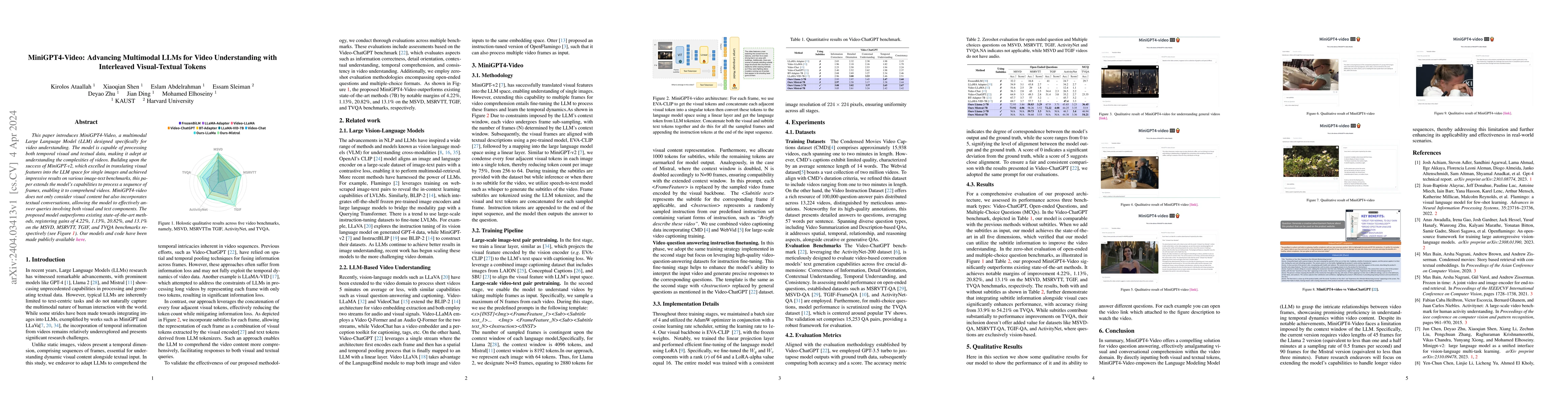 Thumbnail for MiniGPT4-Video: Advancing Multimodal LLMs for Video Understanding with
  Interleaved Visual-Textual Tokens
