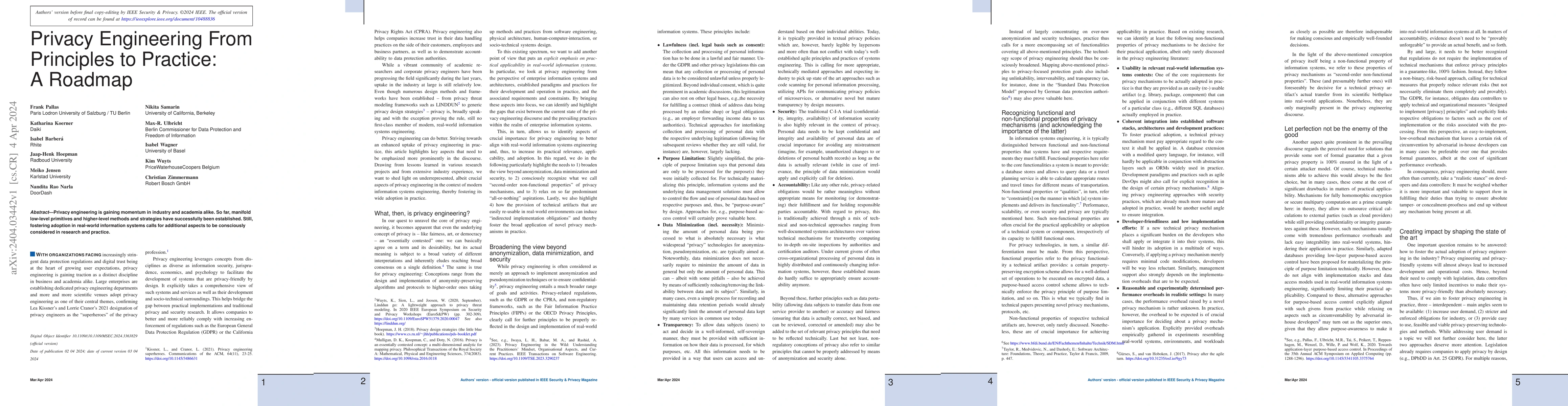 Thumbnail for Privacy Engineering From Principles to Practice: A Roadmap