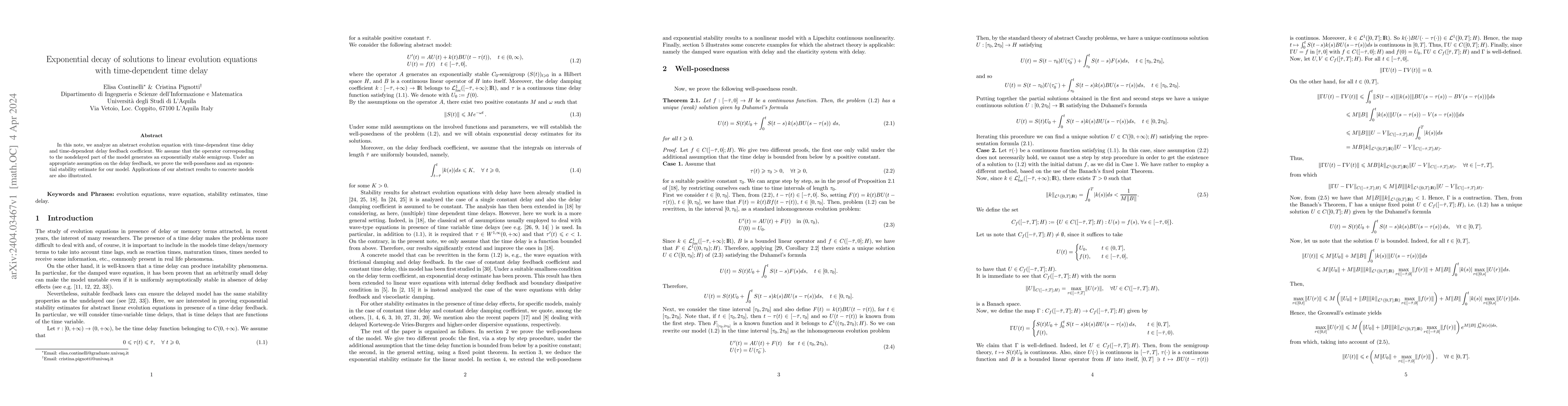 Thumbnail for Exponential decay of solutions to linear evolution equations with
  time-dependent time delay