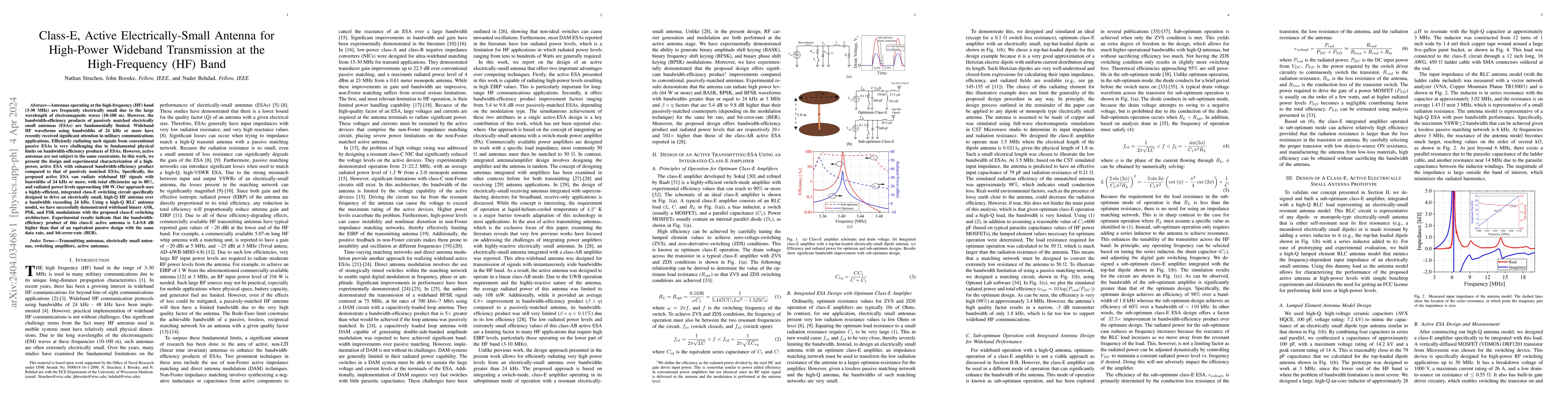 Thumbnail for Class-E, Active Electrically-Small Antenna for High-Power Wideband
  Transmission at the High-Frequency (HF) Band