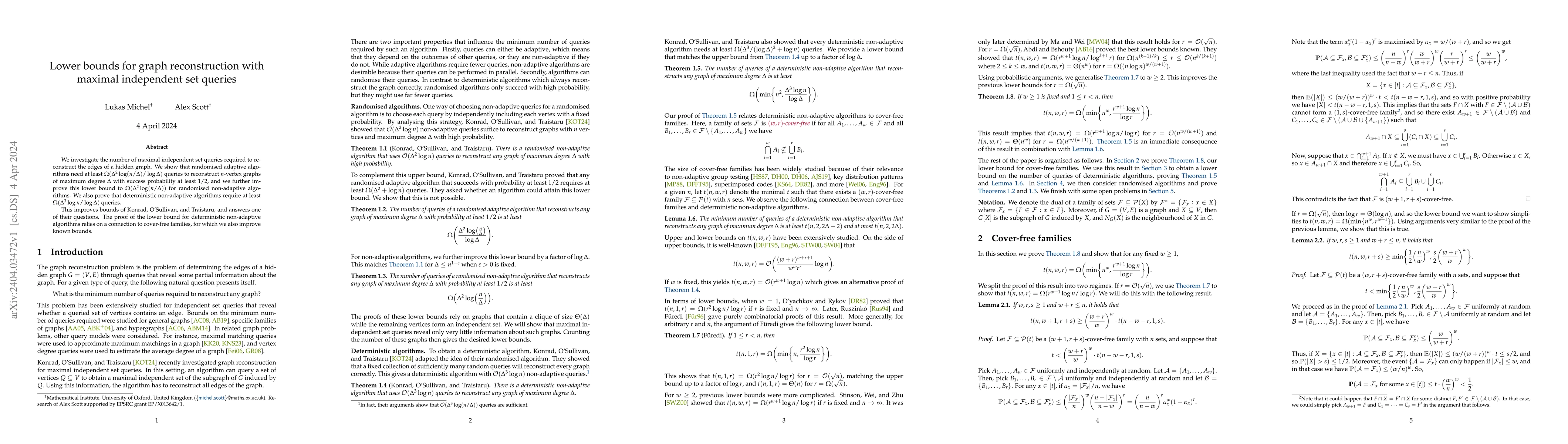 Thumbnail for Lower bounds for graph reconstruction with maximal independent set
  queries