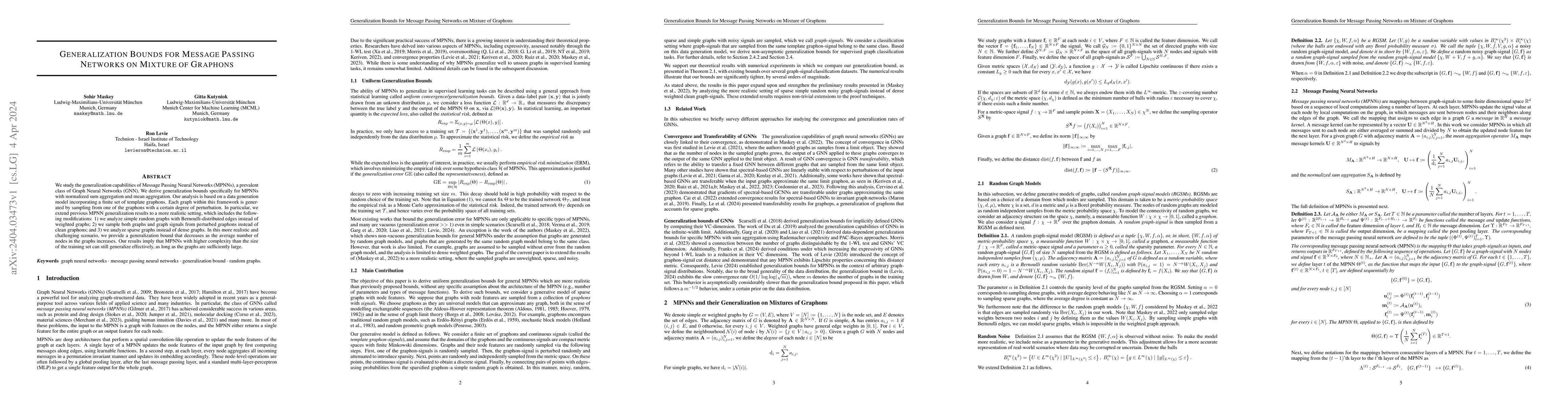 Thumbnail for Generalization Bounds for Message Passing Networks on Mixture of
  Graphons