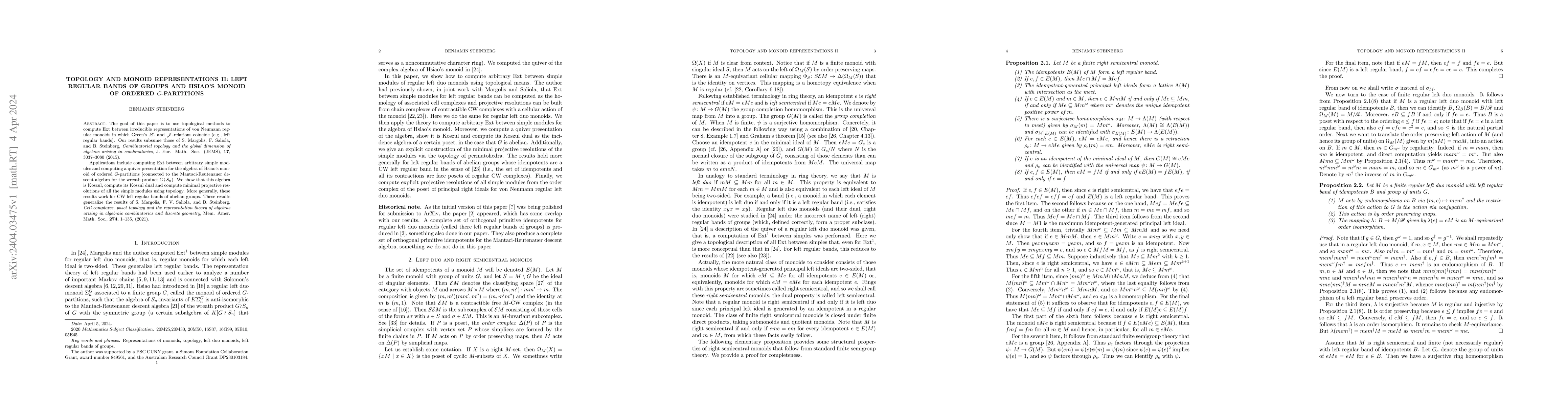 Thumbnail for Topology and monoid representations II: left regular bands of groups and
  Hsiao's monoid of ordered $G$-partitions