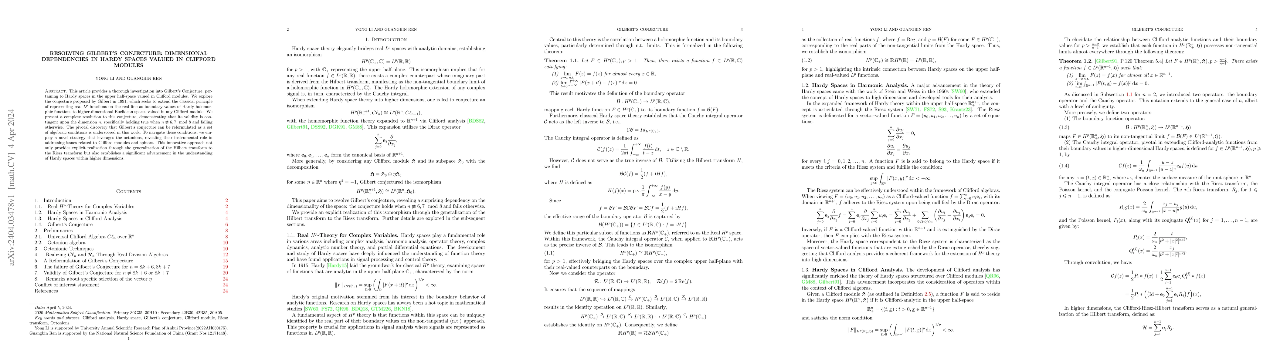 Thumbnail for Resolving Gilbert's Conjecture: Dimensional Dependencies in Hardy Spaces
  Valued in Clifford Modules