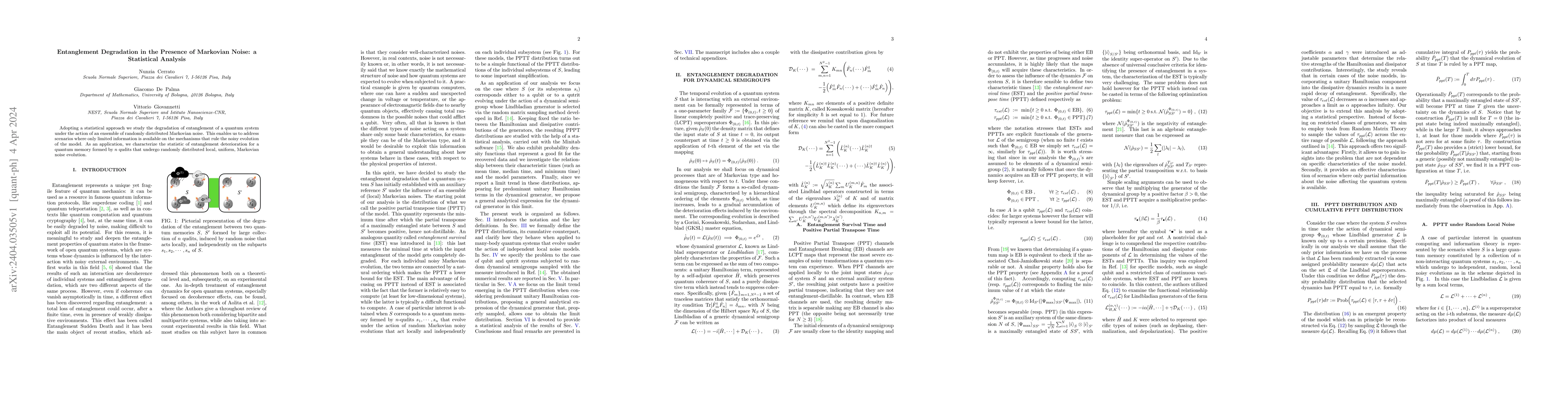 Thumbnail for Entanglement Degradation in the Presence of Markovian Noise: a
  Statistical Analysis