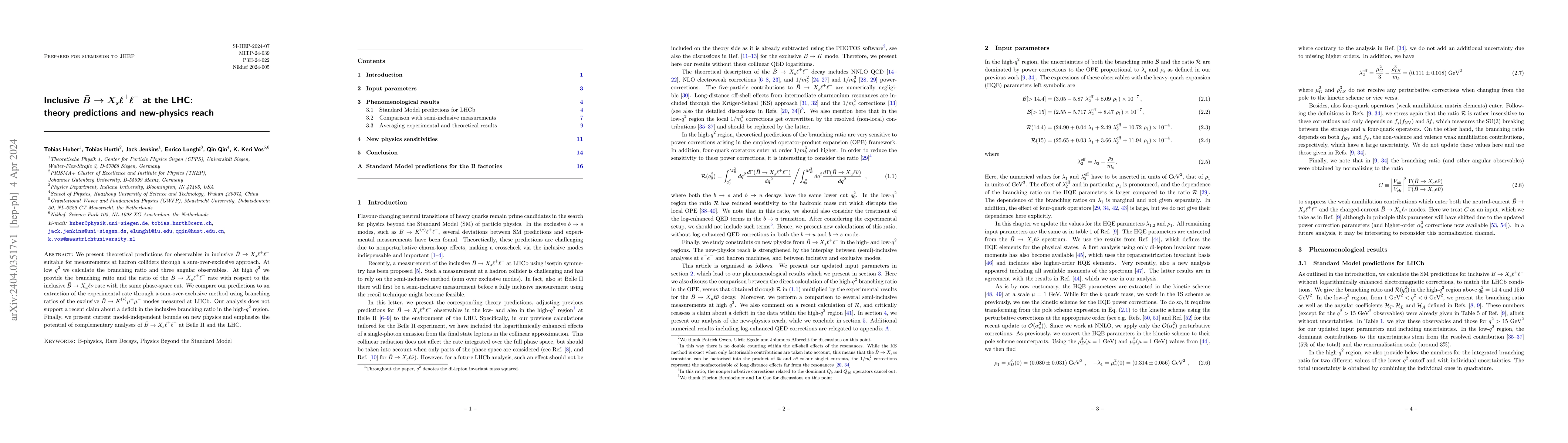Thumbnail for Inclusive $\bar{B}\to X_s \ell^+\ell^-$ at the LHC: theory predictions
  and new-physics reach