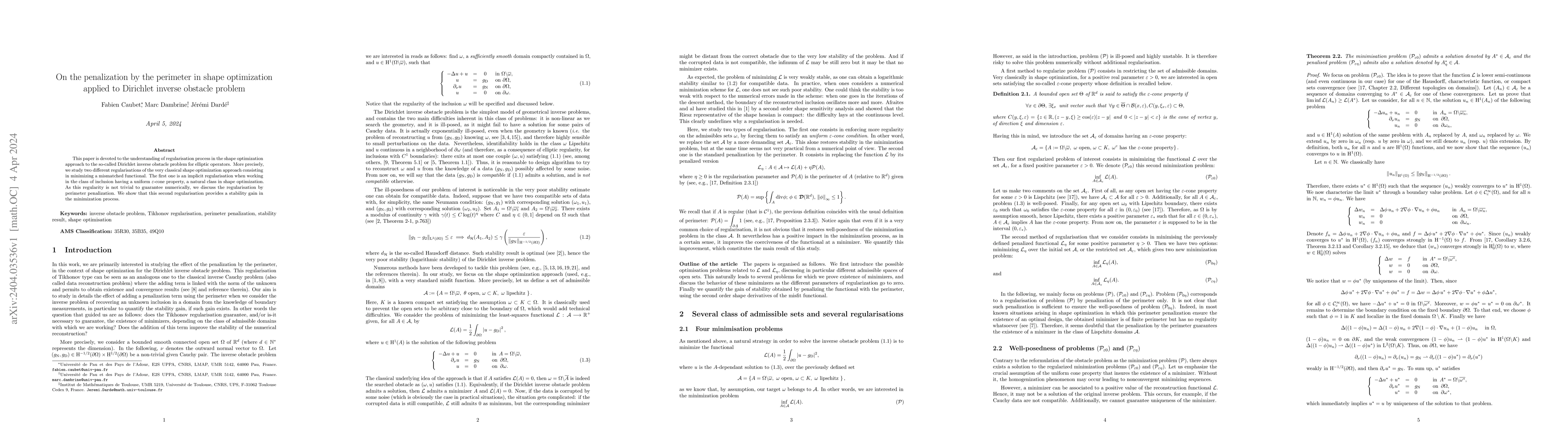 Thumbnail for On the penalization by the perimeter in shape optimization applied to
  Dirichlet inverse obstacle problem