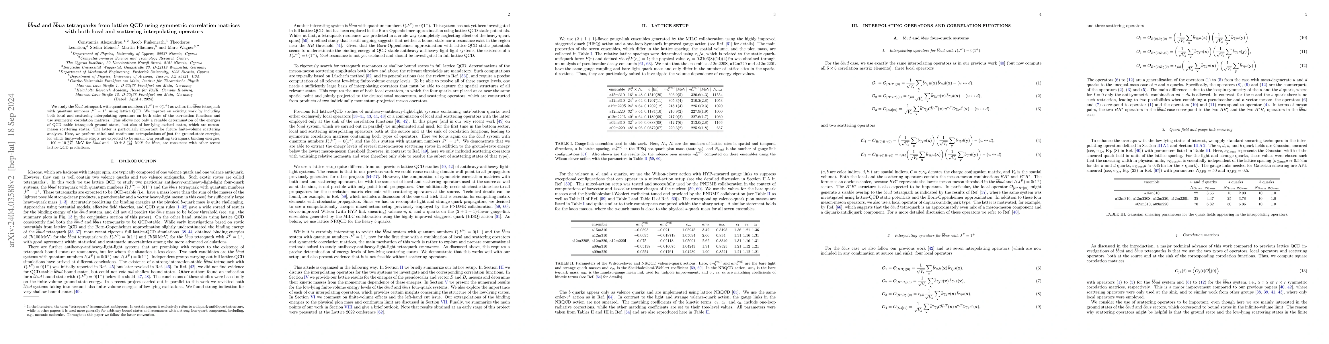 Thumbnail for $\bar b \bar b u d$ and $\bar b \bar b u s$ tetraquarks from lattice QCD
  using symmetric correlation matrices with both local and scattering
  interpolating operators
